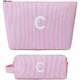 Dafelile Personalized Initial Makeup Bag for Girls Women Large Capacity Cosmetic Bag Stripe Travel Toiletry Bag Makeup Pouch with Diamond Initials Letter,Women and Girls Gifts,Christmas Gifts Pink C