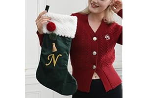 Pxniy 19.5 inches Personalized Velvet Christmas Stocking,Initials Embroidered Letter Christmas Stocking with pom poms, for Fireplace Hanging Decor and Xmas Gift(Green N)