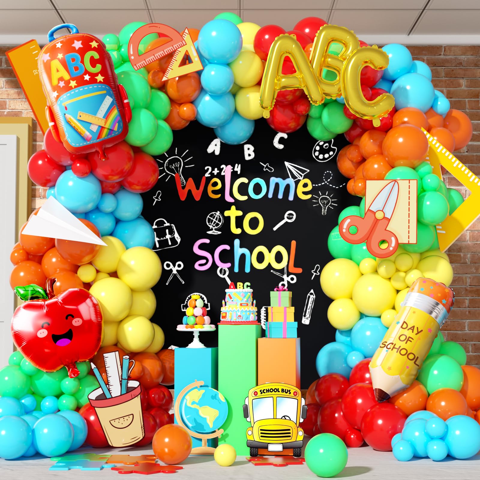 Photo 1 of 157pcs Welcome to School Balloon Arch Kit with Red Light Blue Yellow Lime Green Orange Foil Pencil Balloons for Colorful Rainbow First Day of Kindergarten Welcome to School Decorations