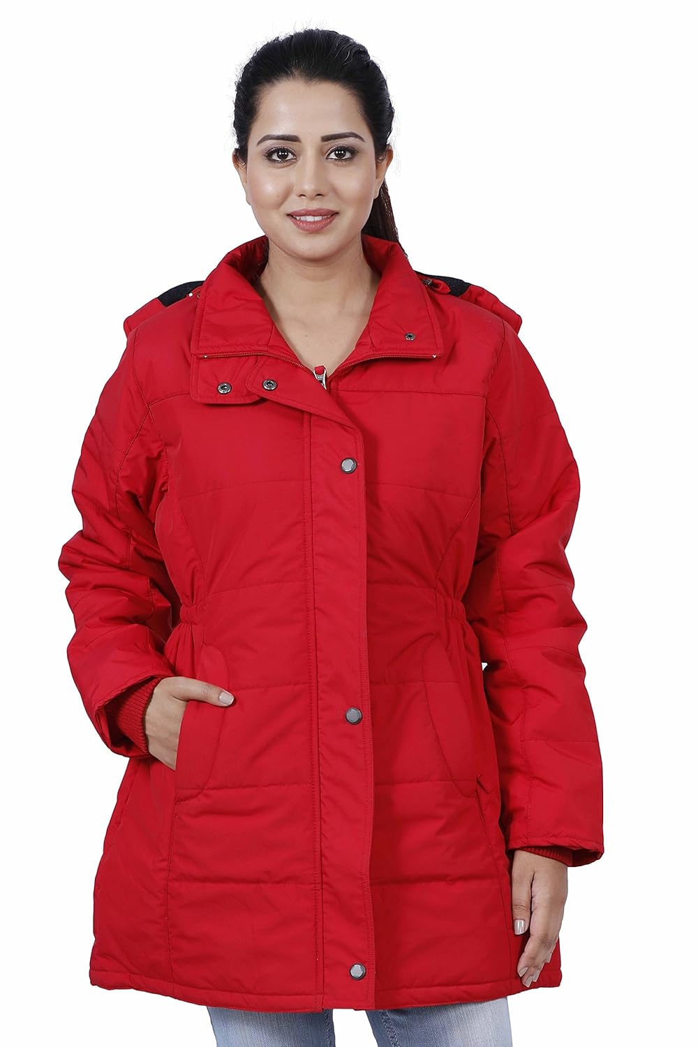hiver women's nylon red full-sleeved winter jacket with hood