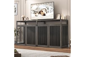 JITEENTAROU 87In Farmhouse Dog Crate TV Stand, Wooden Dog Kennel Furniture with 2 Doors, Large Dog Crate Furniture for 2 Dogs, Solid Metal Tube & 4 Lockable Doors, Grey