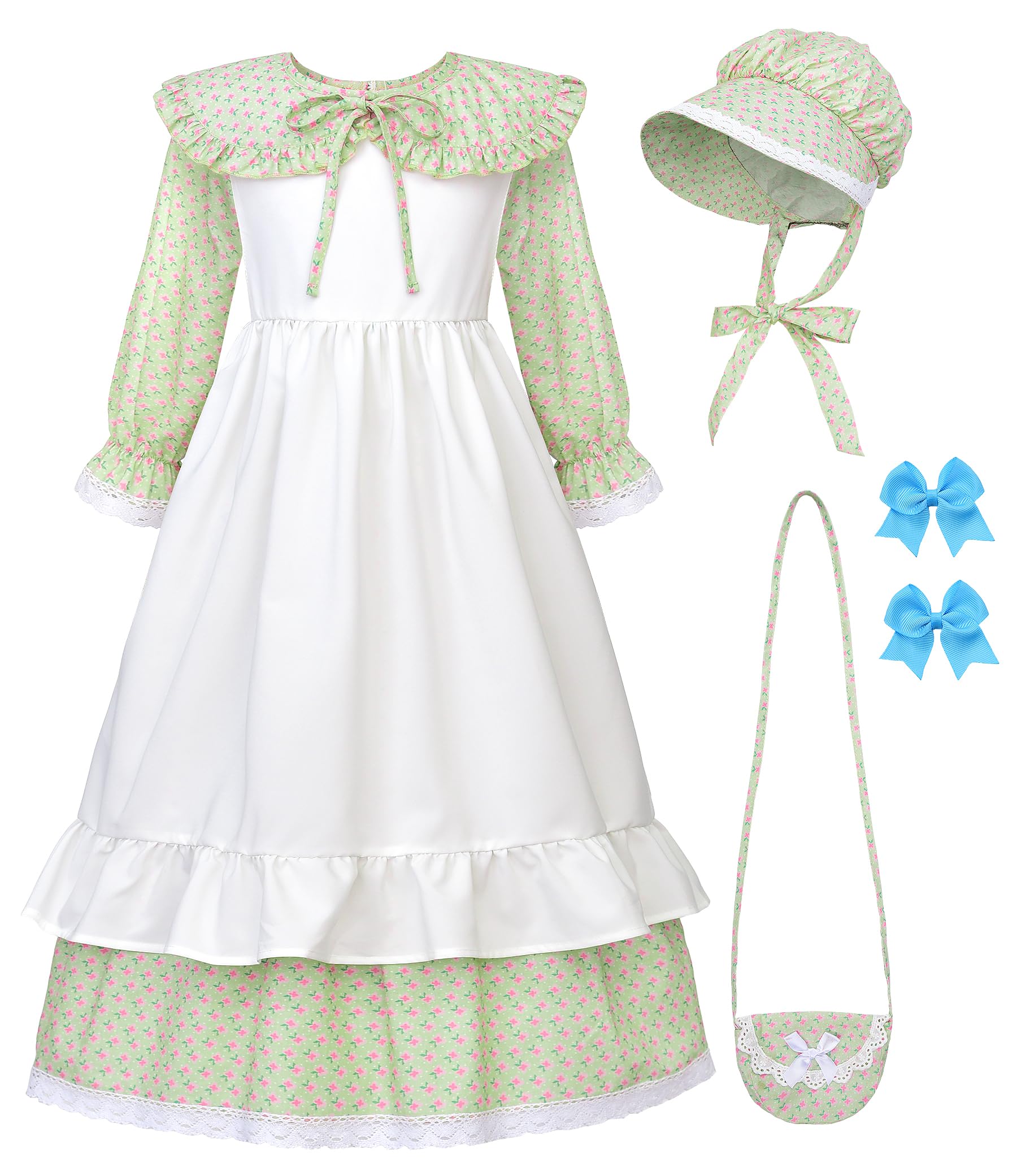 Photo 1 of ReliBeauty Pioneer Girl Costume with Accessories Prairie Dress Girls Green,140