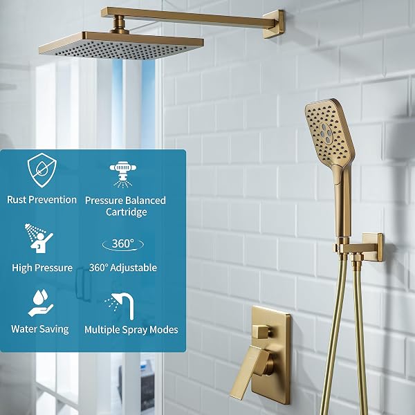 CASTA DIVA BRUSHED GOLD RAIN SHOWER HEAD SYSTEM WITH HANDHELD SPRAY COMBO, SHOWER DIVERTER AND BRASS VALVE TRIM KIT, FAUCET SET, WALL MOUNTED, SQUARE
