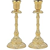 OwnMy Set of 2 Taper Candle Holders Vintage Metal Pillar Candlestick Holders 7.4”, Elegant Brass Candle Stick Holders Decor Candelabra Set for Dining Table Centerpieces Wedding Home Decoration, Gold