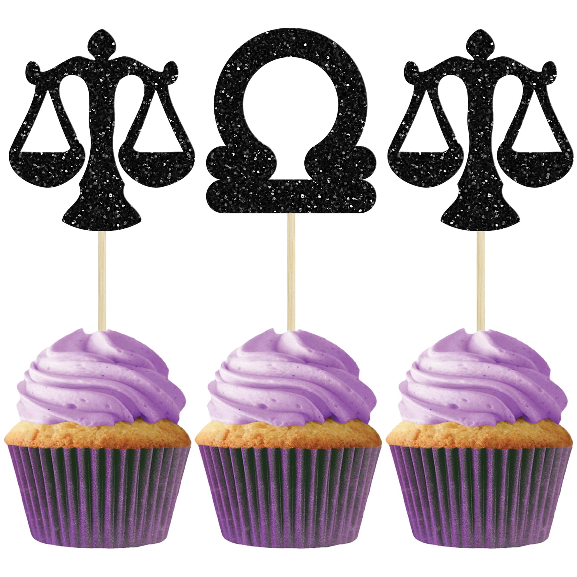 Photo 1 of Gyufise 24Pcs Libra Cupcake Toppers Glitter 12 Constellation Libra Cake Topper Decorations September October Birthday Cupcake Decoration for Horoscope Astrology Birthday Party Supplies Black