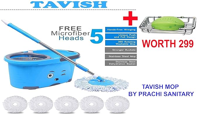 TAVISH Mop Bucket Magic Spin Mop Bucket Double Drive Hand Pressure Stainless Steel Mop with 5 Microfiber Mop Head Household Floor Cleaning & 4 Color May Vary AND ALSO A SINGLE SOAP STEEL SOAP DISH FREE WORTH RUPEES 299 NEW YEAR DHAMAKA