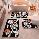 Britimes Halloween Bathroom Rug Set of 3 Fluffy Microfiber Non-Slip,Black | Skeleton Bathroom Mat with U-Shaped Contour Toilet Mat Water Soft Absorbent Bath Rug Washable for Tub Showers Laundry Room
