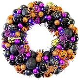 HipTree 17 Inch Halloween Ball Wreath for Front Door with Lights | Lighted Cute Treat-or-Trick Door Wreath Ball Ornament for Halloween Indoor Decorations Centerpiece Party Holiday Wall Decor