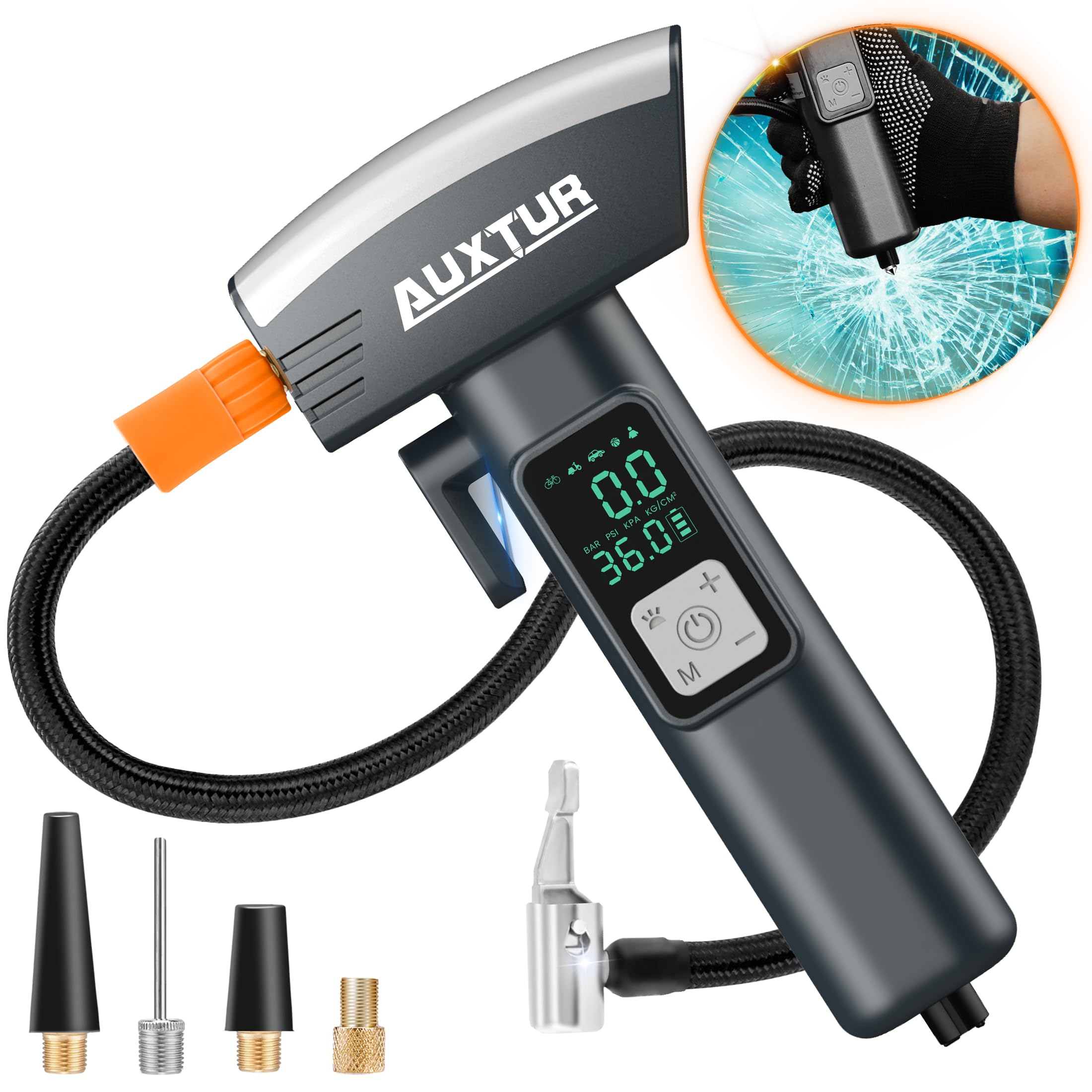 Photo 1 of AUXTUR 6IN1 Vehicle Tire Inflator Portable Air Compressor|Escape Tool with Safety Hammer and Seat Belt Cutter|Car Tire Air Pump with LED Light|Digital Tire Pressure Gauge|Car Accessories for Emergency