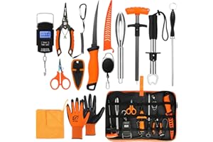 RoundFunny 14 Pcs Fishing Tool Kit, Fillet Knife, Fishing Pliers with Lanyard, Digital Scale, Lip Gripper, Hook Remover Fish Scaler Braid Scissors Gloves Sharpening Rod Retractor Towel Bag