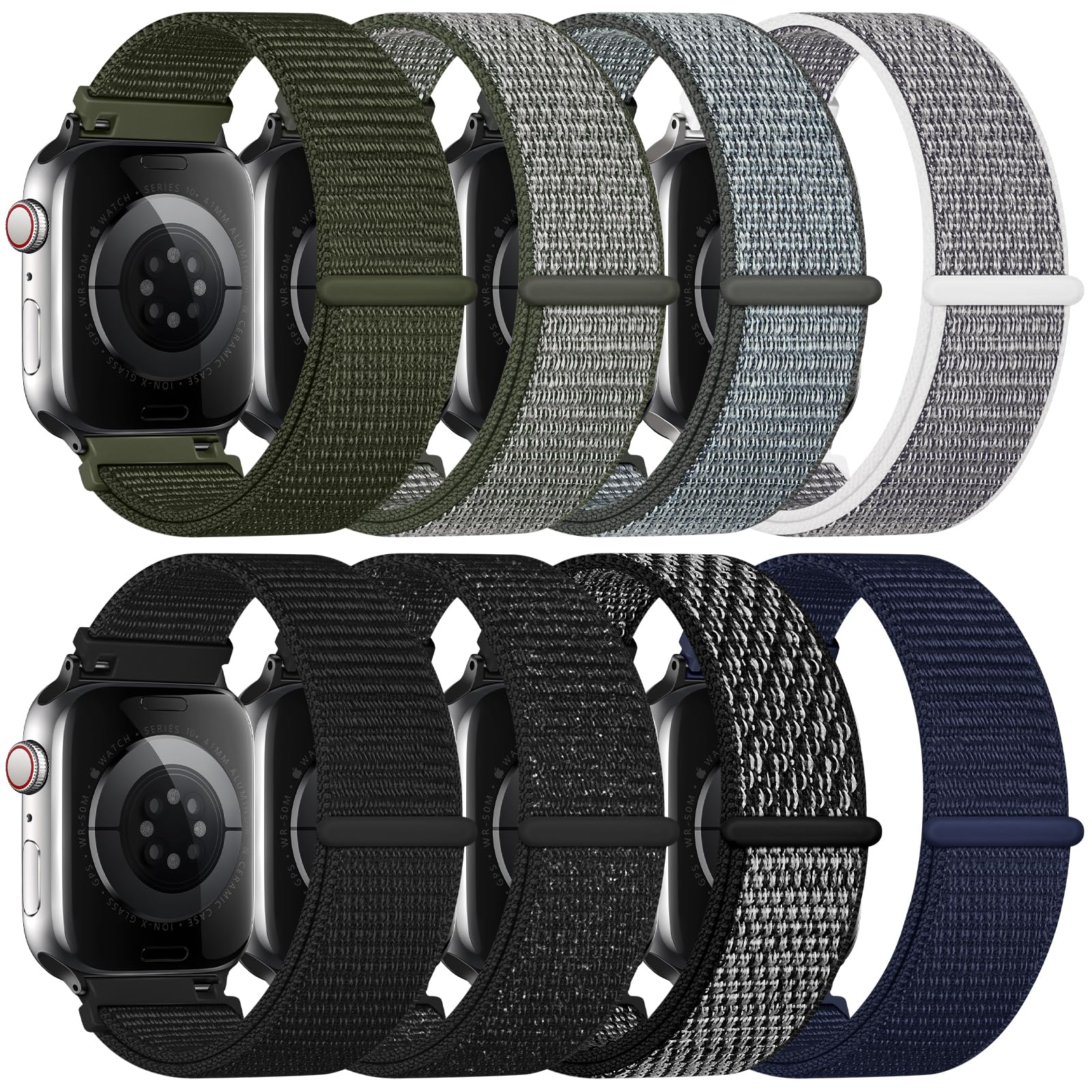 Photo 1 of 8 Pack Nylon Sport Loop Band Compatible with Apple Watch Band 38mm 40mm 41mm 42mm 44mm 45mm 46mm 49mm - Soft Breathable Replacement Straps for iWatch Series 10 9 8 7 6 5 4 3 2 1 SE Ultra Women Men