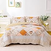 Yumhjika Patchwork Quilt Set Queen Size, 3 Pieces Floral Plaid Bedspreads Coverlet, Soft Microfiber Lightweight Bedding Set for All Season,Orange