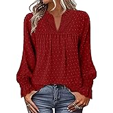 BETTE BOUTIK Women Boho Long Sleeve Shirts Dressy Casual V Neck Fall Fashion Tops Swiss Dot Flowy Blouses