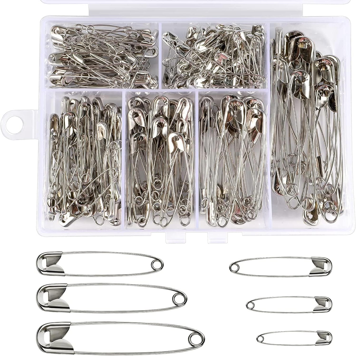 250pcs/set Multipurpose large safety pins 6-sizes，Suitable for temporary repair clothes, packaging gifts, art creation (silver)