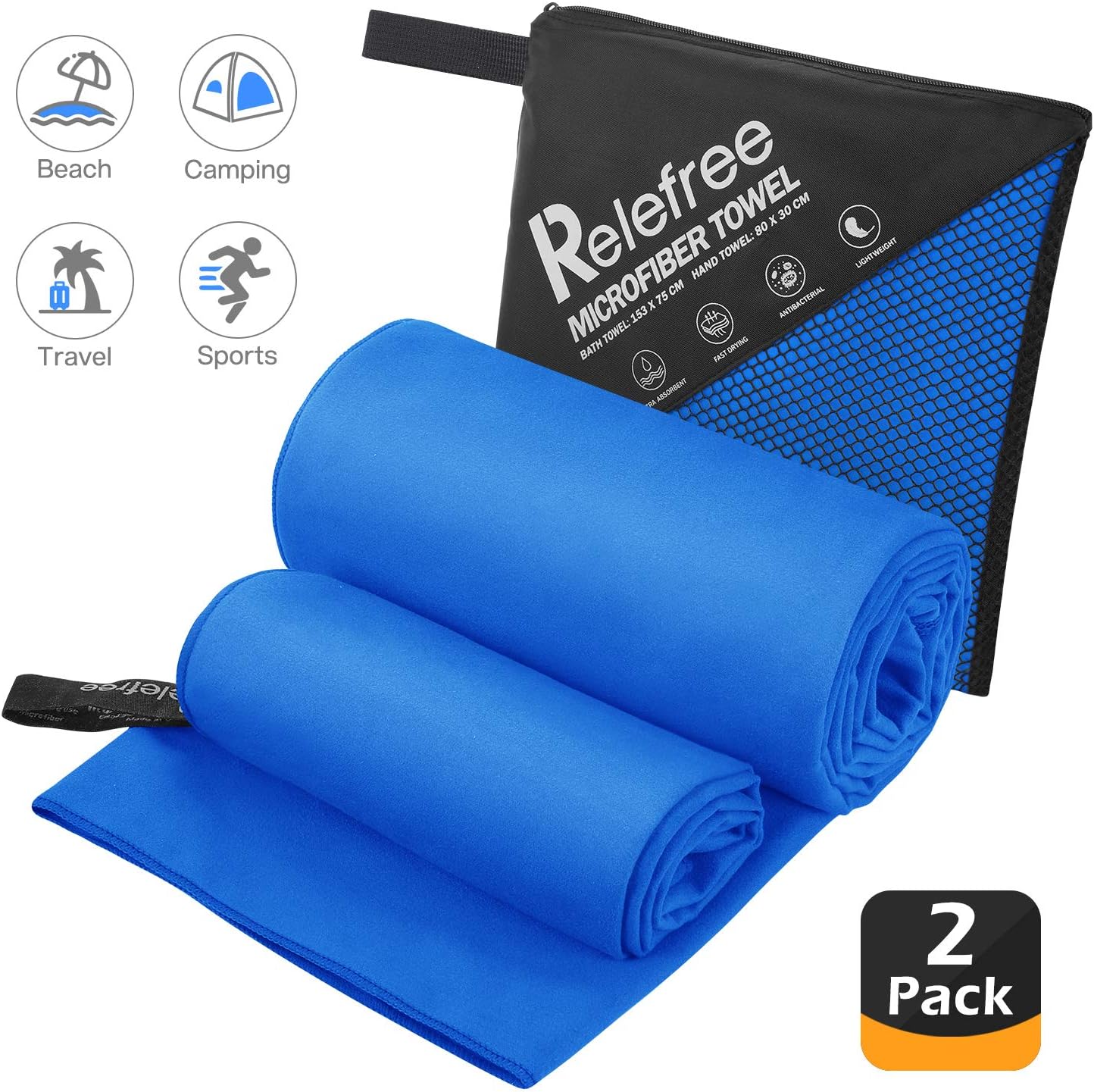 Relefree Microfiber Beach Towel Set(2 Pack), Golf and Gym Towels Quick Dry, Sand Free, Super Ultra Absorbent, and Compact Suitable for Travel Camping, Hiking, Swimming, Backpacking : Sports & Outdoors