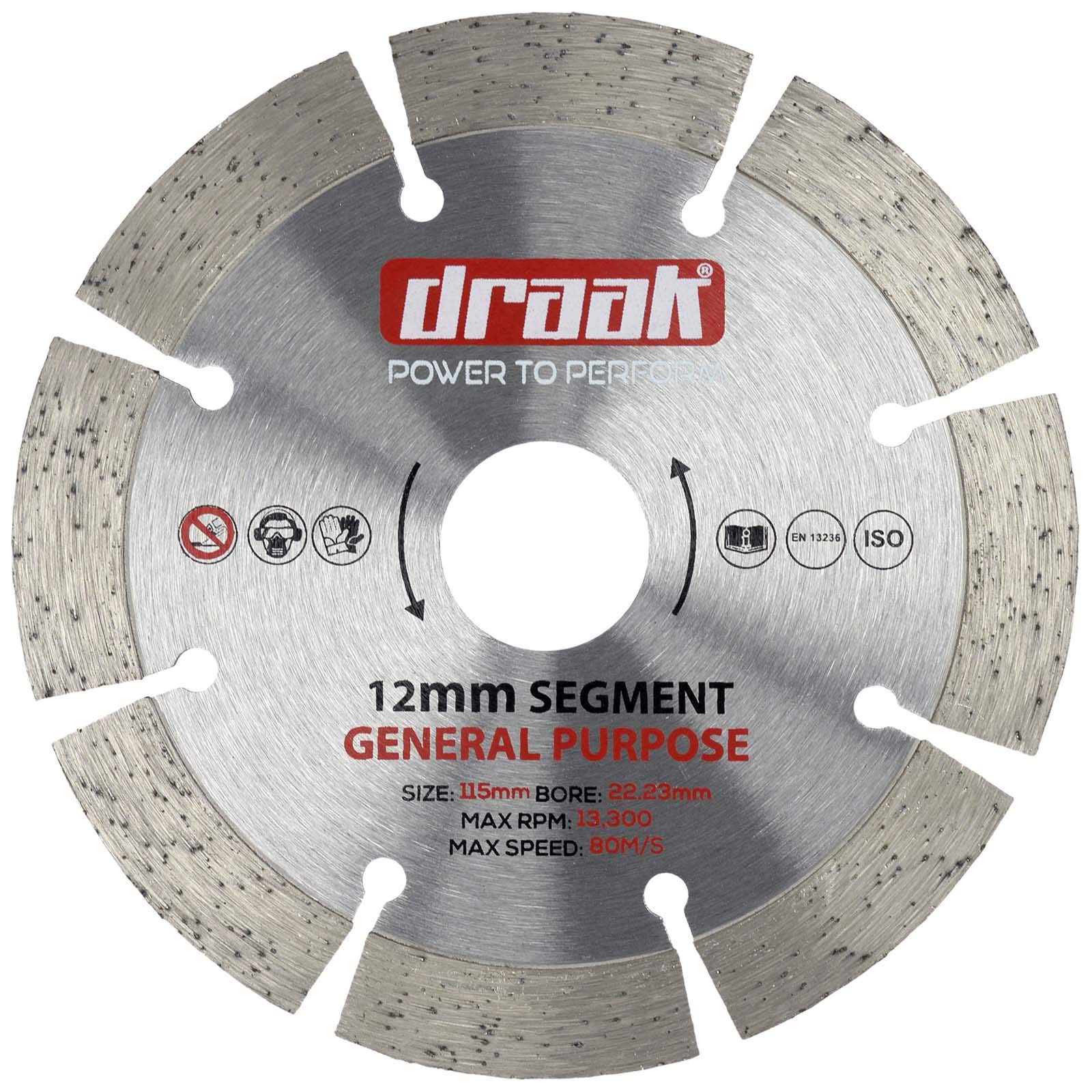 DRAAK General Purpose 115mm Diamond Cutting Disc for Use Concrete, Stone, Brick, Block + More Professional Hardened Steel 12mm Segment
