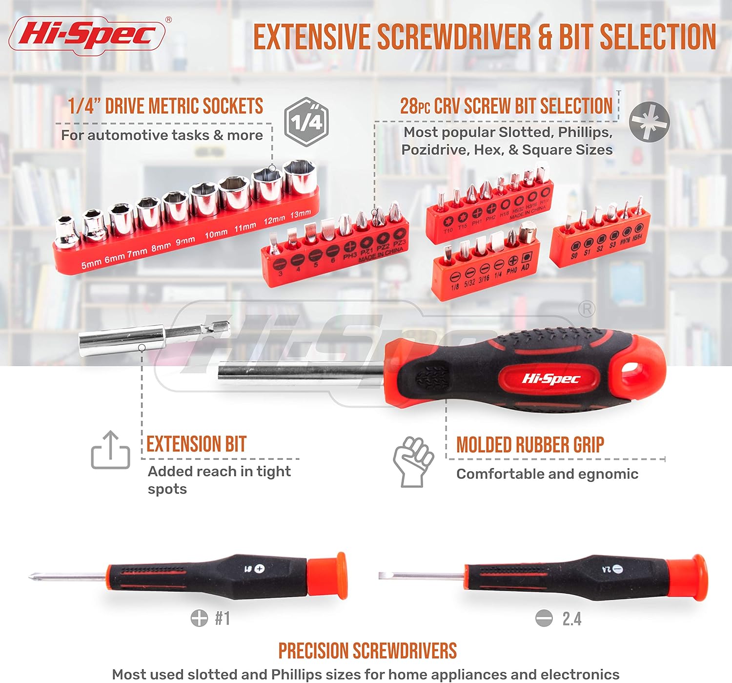 Hi-Spec 49 Piece Garage & Home Tool Kit with Low Vibration Claw Hammer, Adjustable Wrench, Metric 1/4" Sockets, Precision Screwdrivers, Combination Pliers, Bit Driver & Screw Bits Tool Set in Box - - 