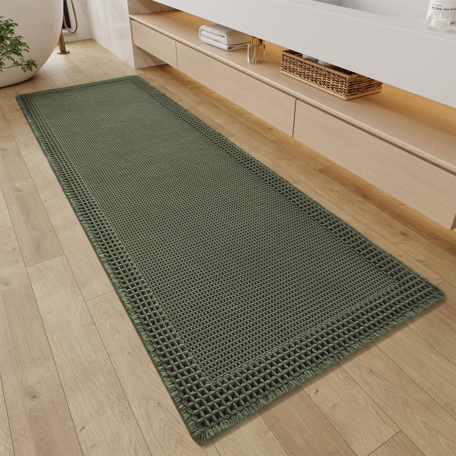 Photo 1 of RESARE Christmas Waffle Bathroom Runner Rugs, Super Absorbent Bath Mat Non Slip Washable Quick Dry, Upgraded Ultra Soft Boho Bath Rugs with Tassels for Bedroom Laundry Room, 2'x6'(24"x72"), GreenLPNPMFW3973796
