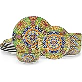 vancasso 12 Pieces Dinnerware Sets, Green Plates and Bowls Set, Porcelain Dishes Set for 4, Microwave and Dishwasher Safe, Scratch Resistant, Bohemian Style Dining Ware Service for 4, Series SIMI