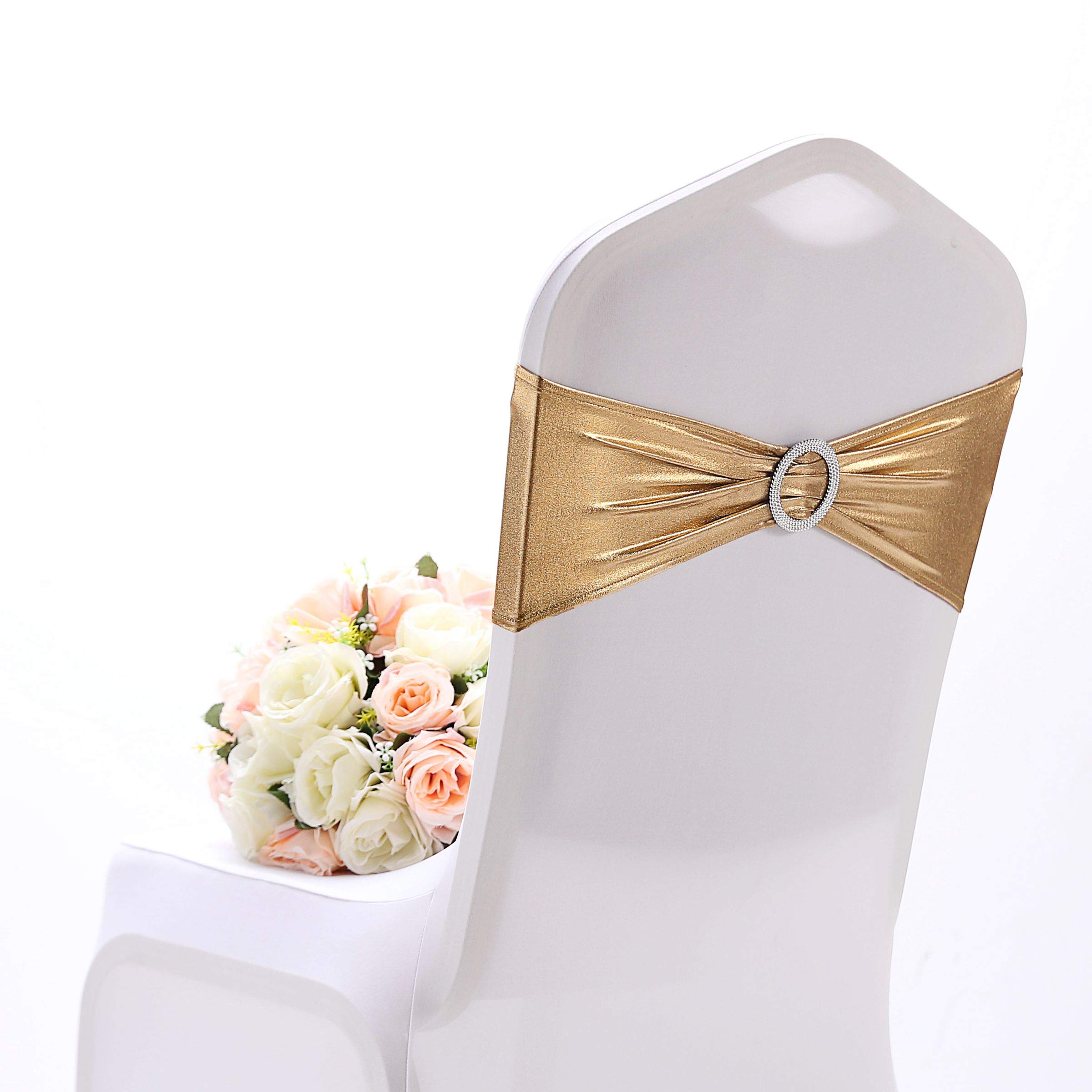 Namvo 10 pcs Spandex Chair Cover, Bow Premium Elastic Chair Cover with Sliding Buckle, Universal Spandex Elastic Chair Belt, Suitable for Weddings, Parties, Hhotel Event Decoration (Gold)