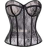 HEBEBRIDAL Mesh Corset Tops For Women Sexy Overbust with Steel Boned Bustier Lace Up Waist Bodysuit Shapewear