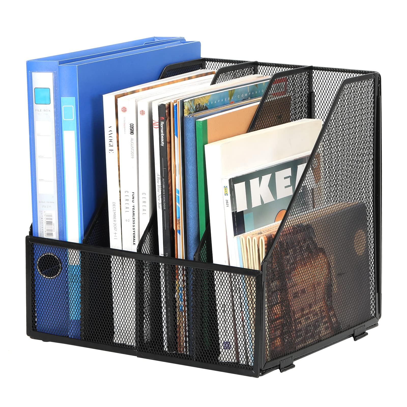 EasyPAG Desktop Metal A4 Magazine File Holder Mesh Desk Tidy Office Literature Document Ring Binder Paper Organiser Filing Rack,4 Compartments,Black