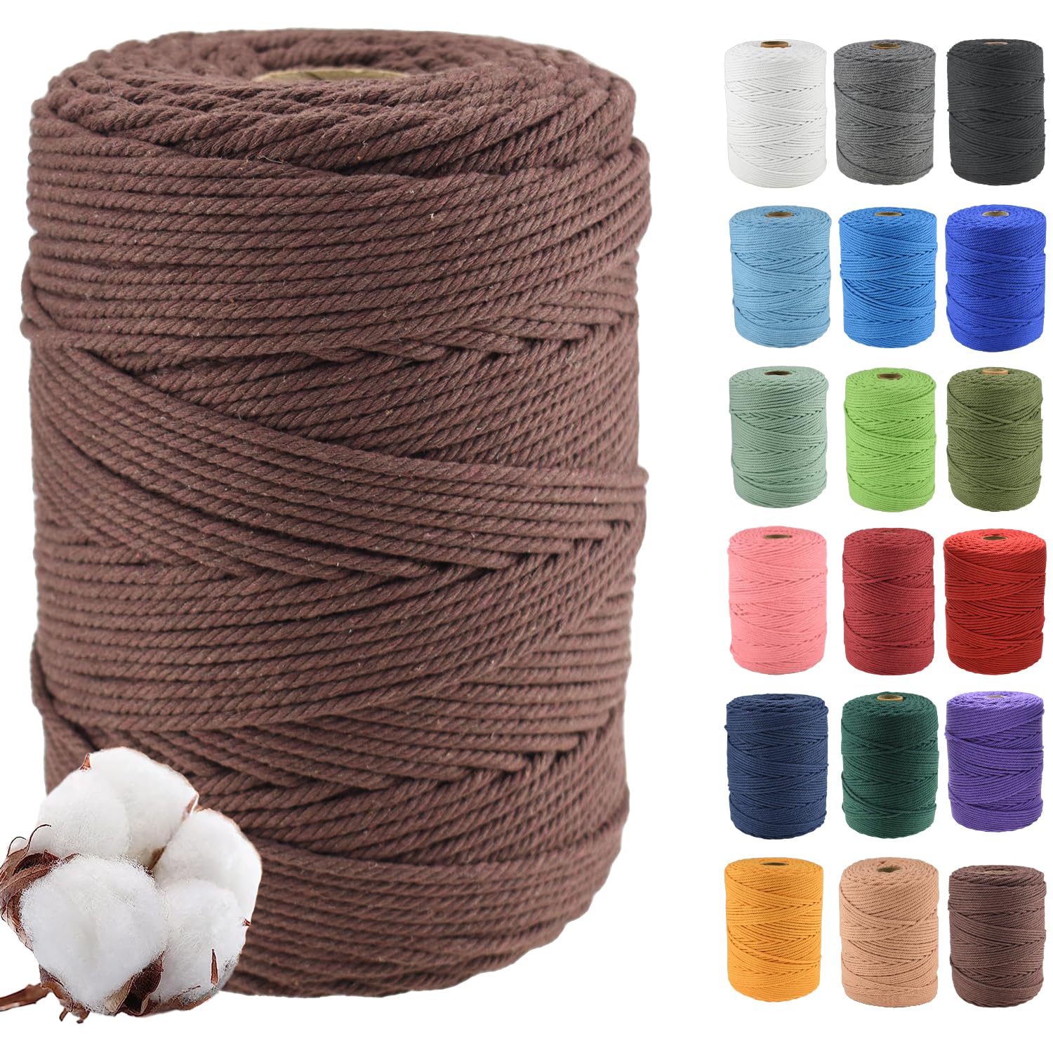 Klhamky 3mm×500m Macrame Cotton Cord, Soft 4 Strand Twisted 100% Natural Cotton for Handmade Wall Hanging, DIY, Craft Making, Knitting, Plant Hangers, Decorative Projects (3mm×500m, Dark Brown) — image 1