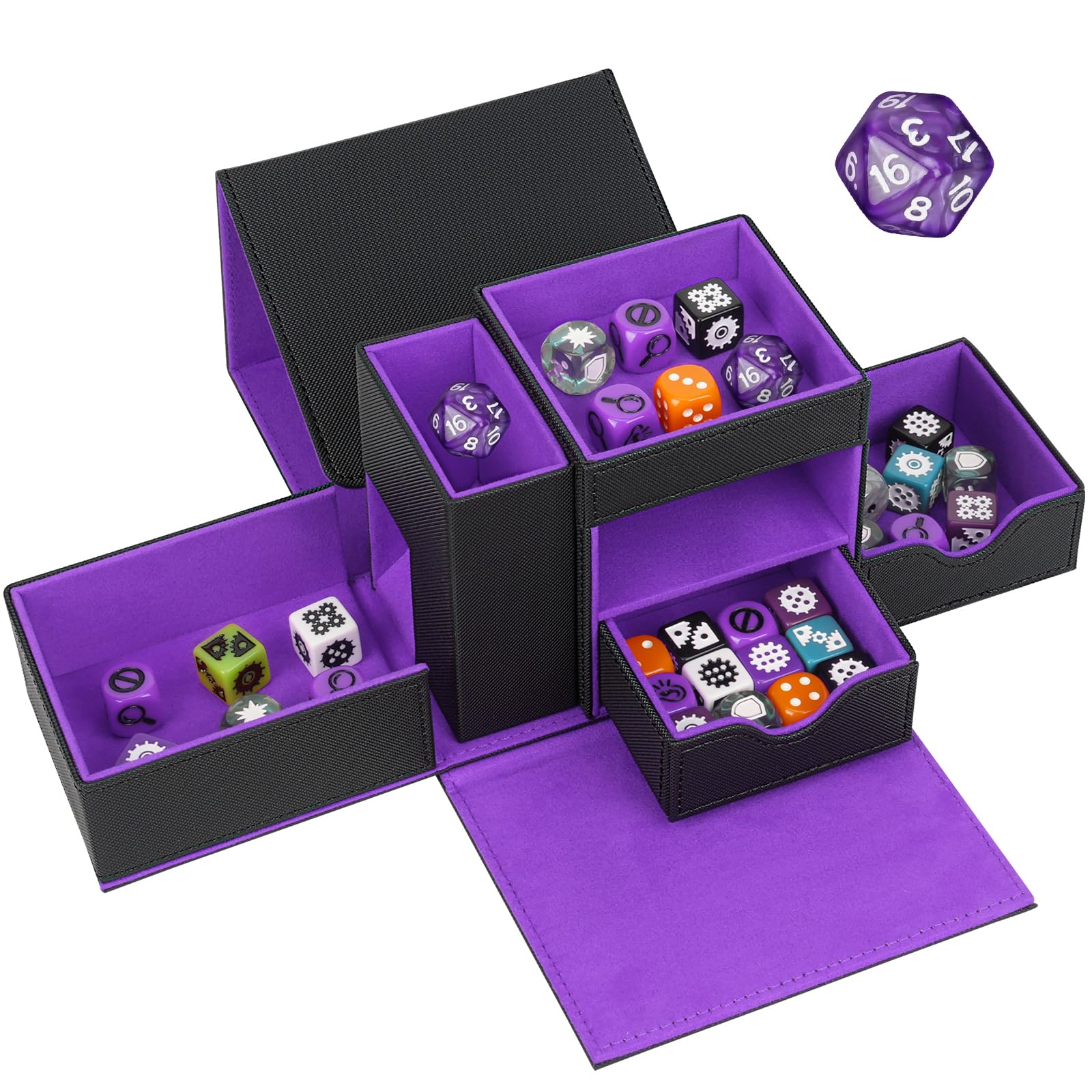 Jaffzora 3 in 1 Dice Tower & Dice Storage Box, Magnetic Leather Dice Tray & Dice Roller, Portable Dice Organizer for Dungeons & Dragons, MTG, RPG & Tabletop Games, Black & Purple