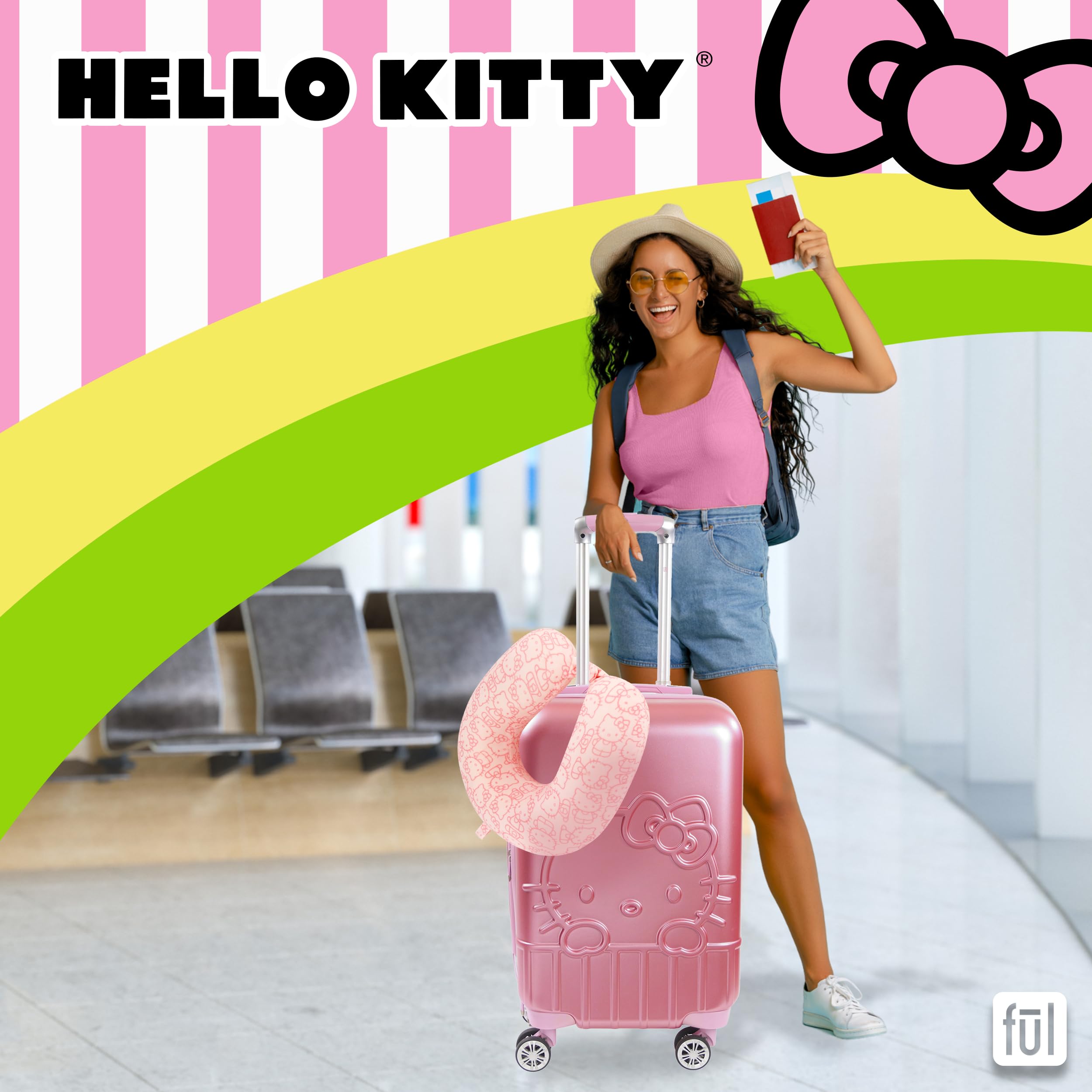 FUL Hello Kitty Neck Pillow, All Over Print Memory Foam Travel Accessories for Airplane, Car and Office, Comfortable and Breathable, Pink
