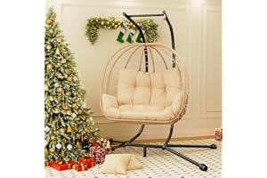 Pamapic Double Egg Chair wth Stand, 700 LBS Loveseat Rattan Swing Chair, UV Resistant Cushions with Armrests and Headrest, Thick Steel Frame Hammock Swing for Outdoor, Patio, Indoor(Beige)
