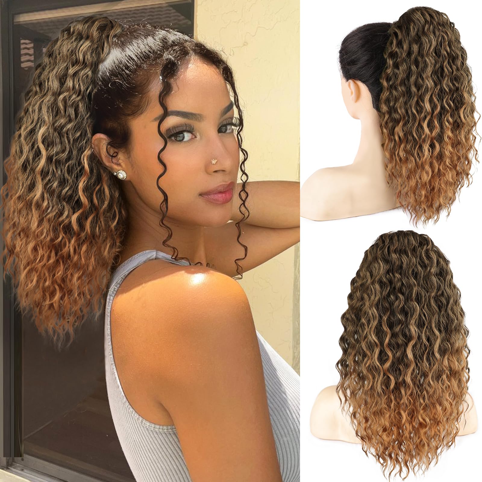 Photo 1 of FREEMEIGE Drawstring Ponytail Ponytail Extension Curly Ponytail Extension for Black Women 16Inch Long Curly Wavy Synthetic Ponytails Extension for Women