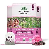 Organic India Tulsi Sweet Rose Assam Black Tea - Stress Relieving & Elevating, 17mg of Caffeine Per Cup, With Ayurvedic Herbs, Vegan, USDA Organic, Non-GMO - 18 Rose Tea Bags (Pack of 3)