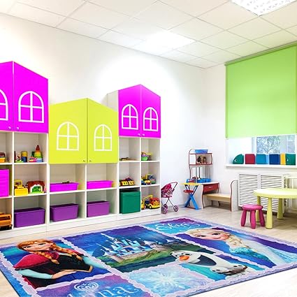 Disney Frozen Pattern Area Rug Magical Princess Anna Ice Queen Elsa Olaf Themed Rectangle Indoor Hallway Doorway Living Area Girls Bedroom Carpet