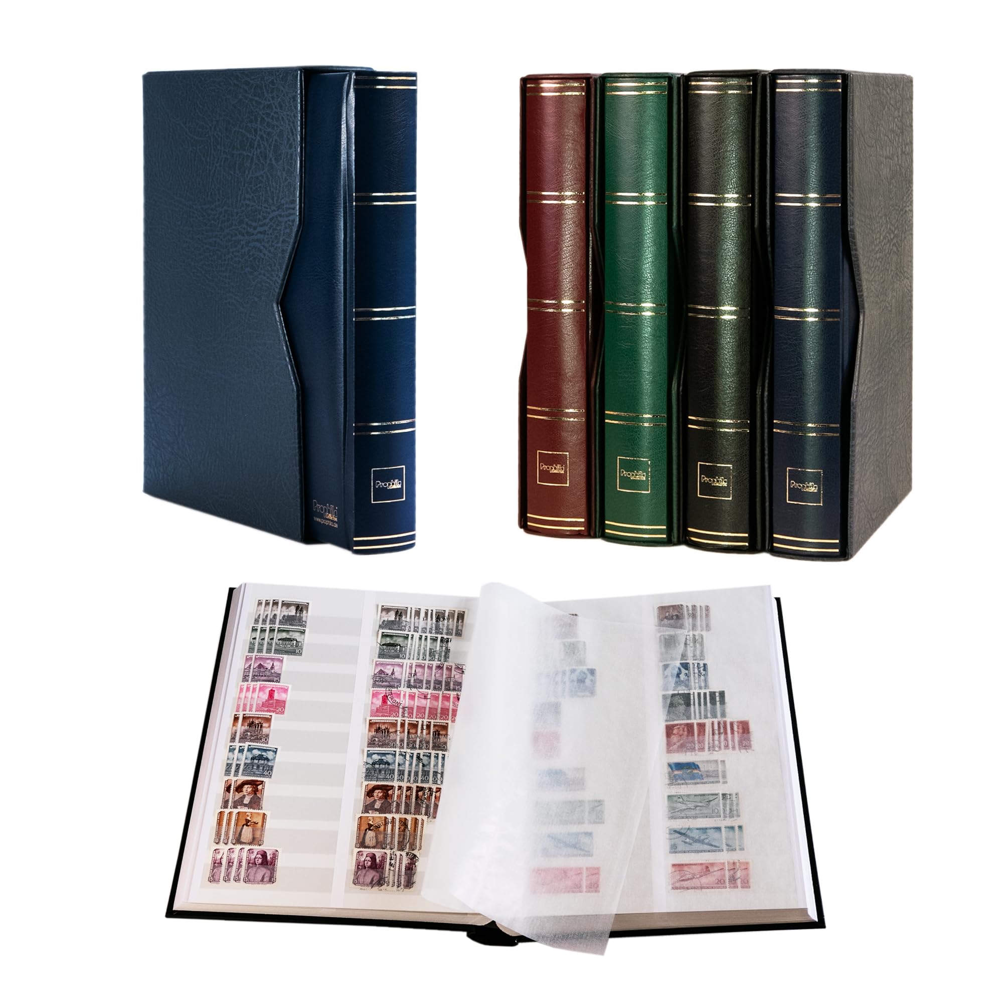 Prophila stockbook 60 white divided sides padded with slipcase blue