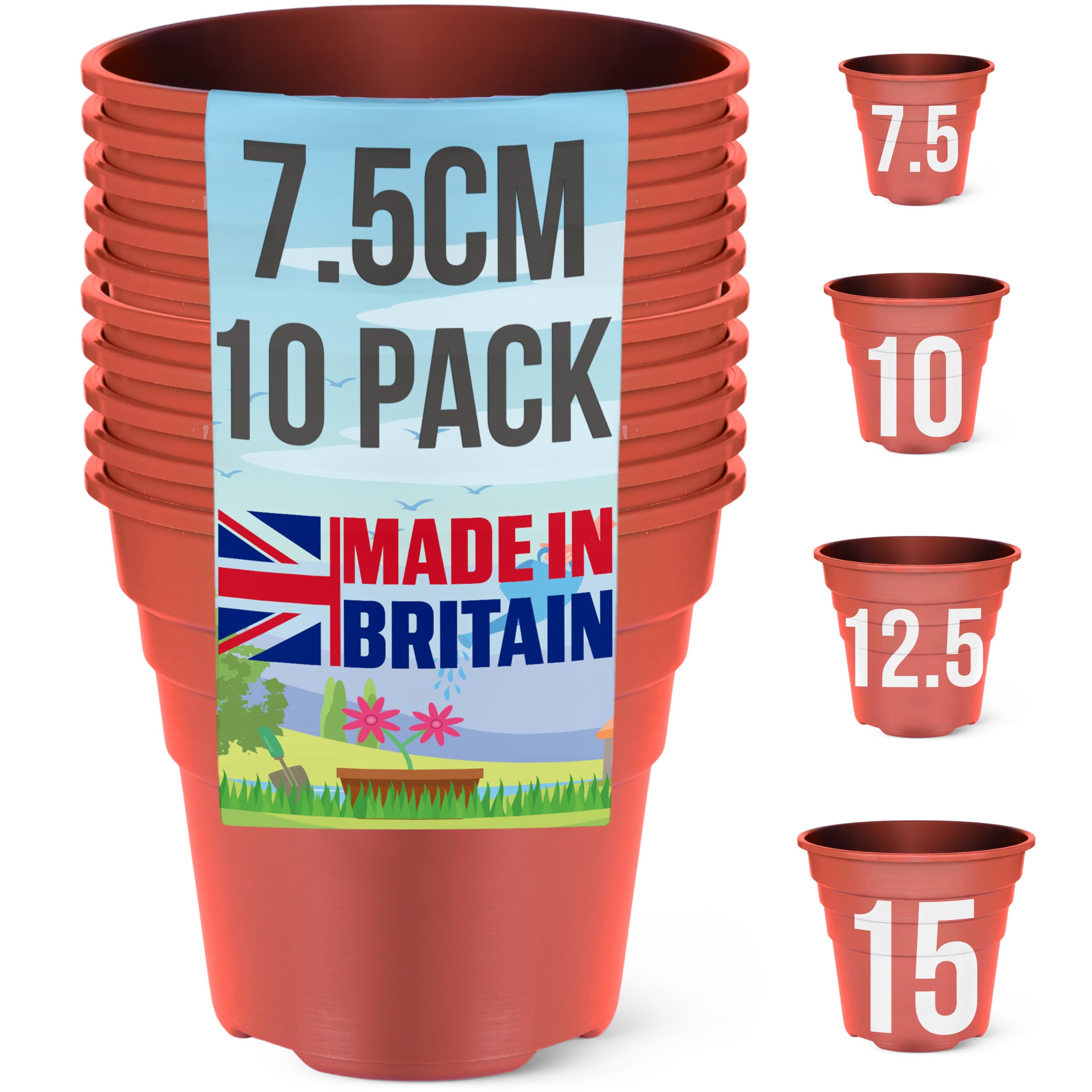 Happy Pots - 7.5cm Gloss Terracotta - Pack of 10 Premium Plastic Plant Pots - Reusable Flower Pots for Indoor/Outdoor Home Décor Gardening - Round, Heavy Duty, UV Resistant, Recyclable - Made in UK