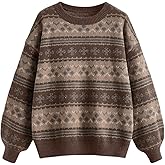 MakeMeChic Women's Winter Christmas Sweaters Grandpa Vintage Striped Oversized Long Sleeve Crew Neck Brown Knit Sweater