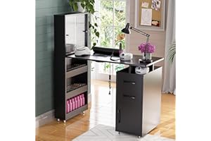 Kikihouse Manicure Table Nail Desk w/Glass Door Storage Cabinets & Wrist Rest, Beauty Salon Workstation, Acetone Resistant, with Dust Collector (Black)