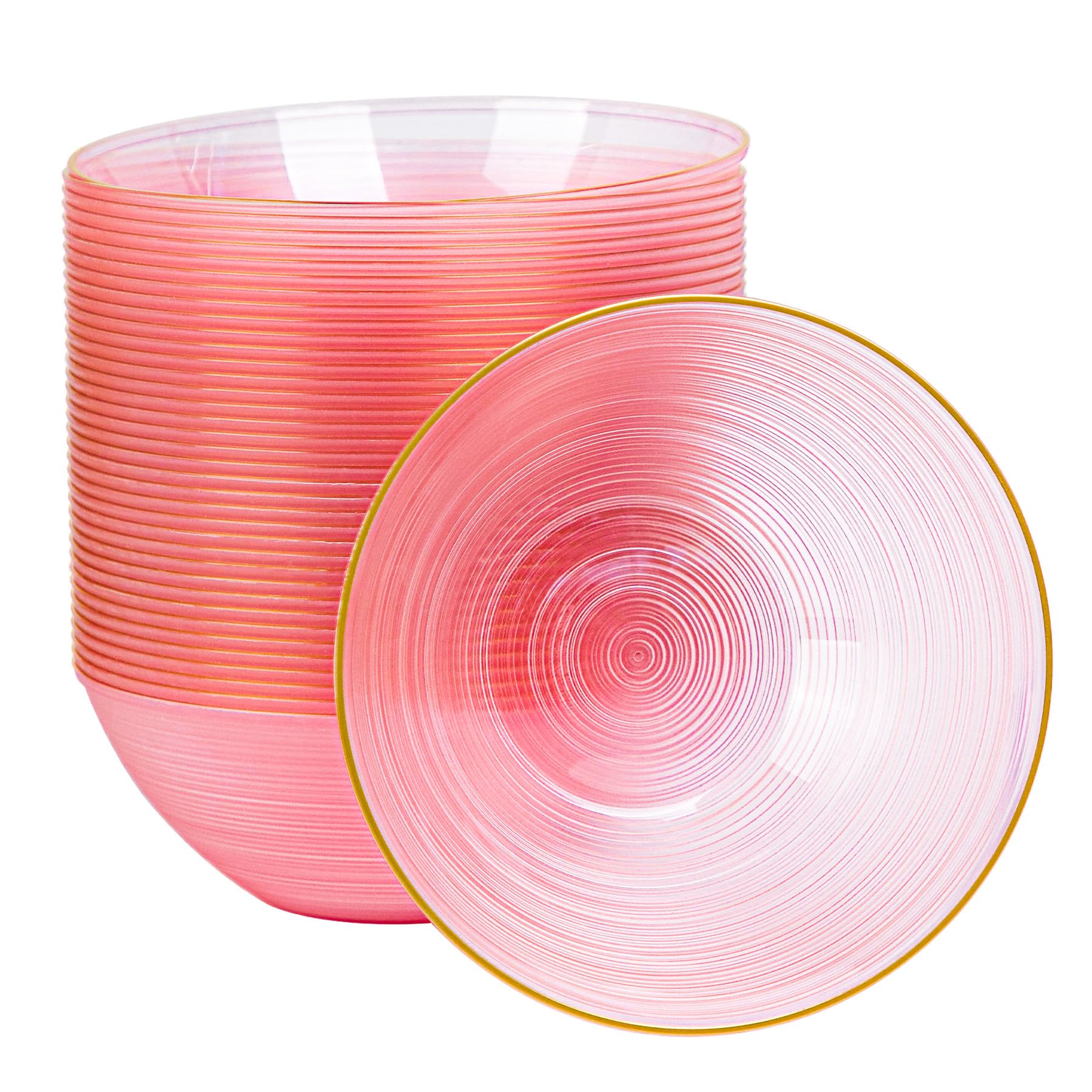 Photo 1 of QualQuot 50 Pack 16 Oz Plastic Bowls with Gold Rim, Disposable Soup Bowls, Heavy Duty Dessert Bowls for Parties, Wedding and Everyday Use, Pink