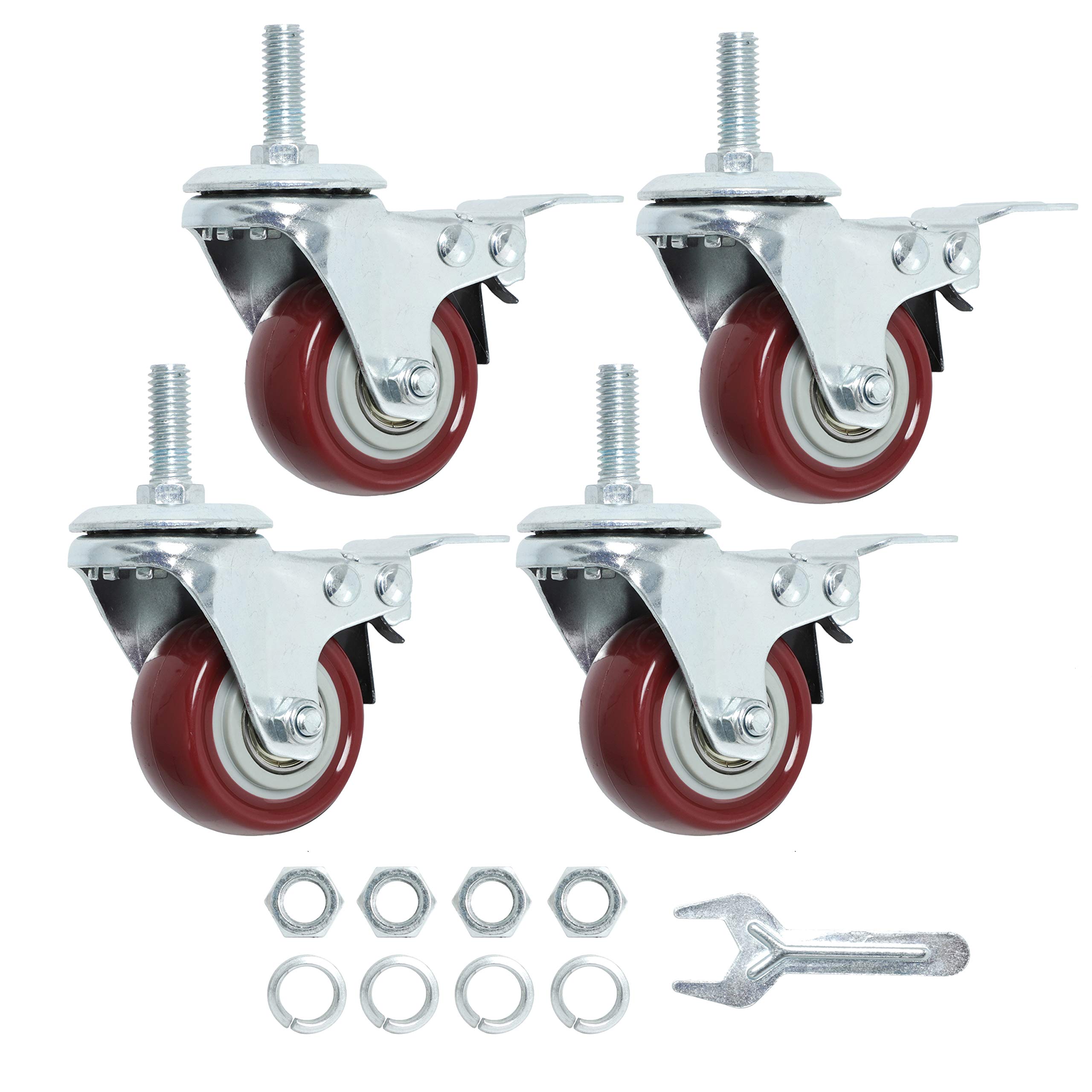 Photo 1 of Finnhomy Swivel Caster Wheels 2 Inch Heavy Duty Threaded Stem Casters 5/16"- 18 x 1 with Brake Set of 4 Premium Polyurethane Wheels PU Load Bearing 800 Lbs Anti-wear Smooth Casters, Red