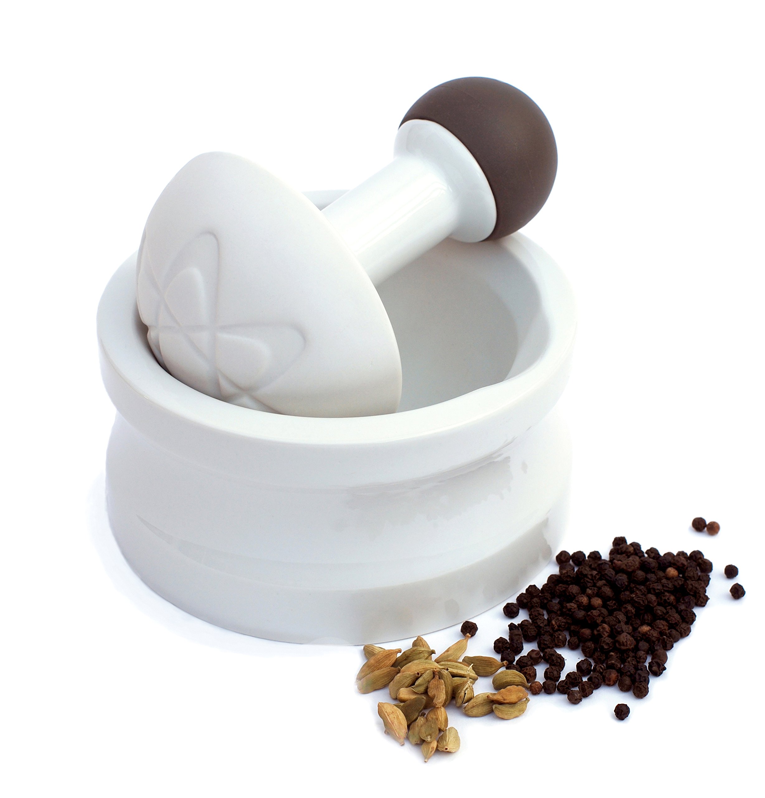 üutensil Super Smash - Large Ceramic Mortar & Pestle, Easy Rotation Grind, White & Grey