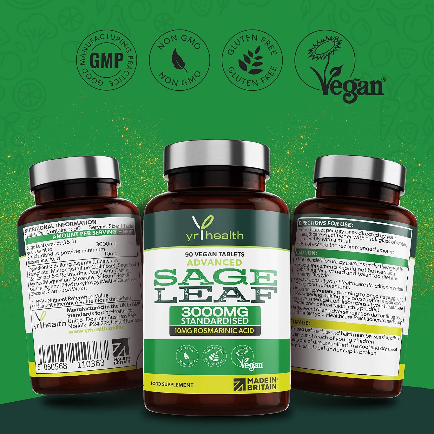 Sage Tablets 3000mg High Strength - 90 Vegan Tablets not Capsules - Standardised 10mg Rosmarinic Acid - Made in The UK by YrHealth - Image 4