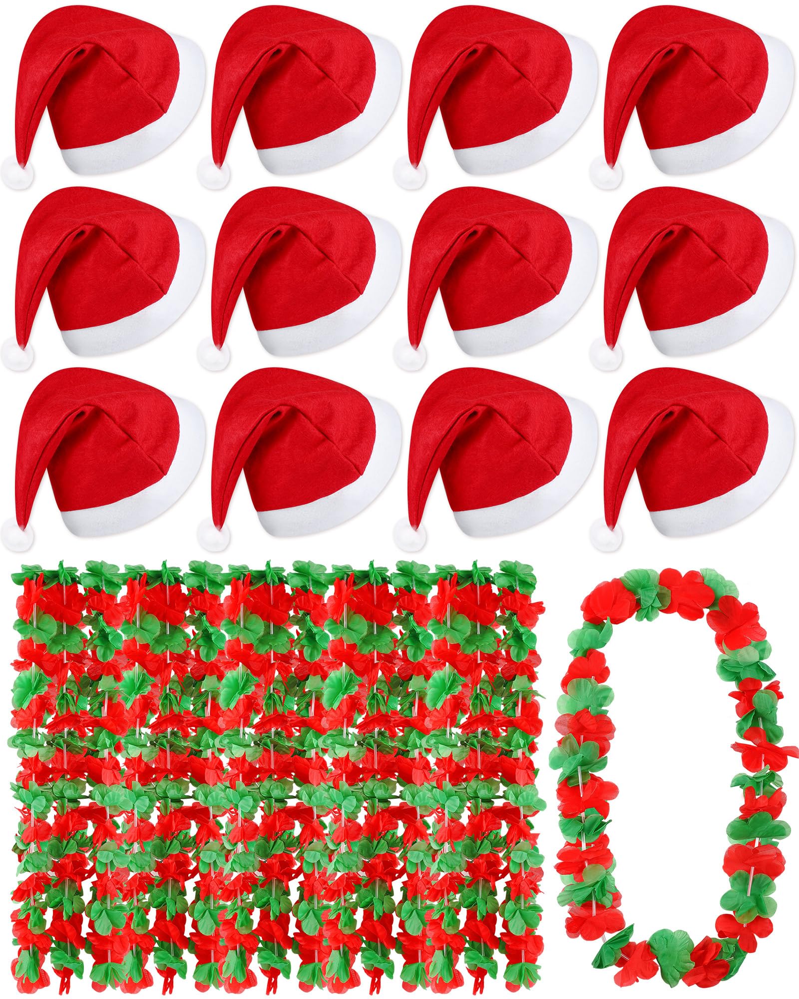Photo 1 of Libima 48 Pcs Christmas in July Summer Party Supplies Santa Hats and Leis Hawaiian Flower Necklace Costume Set for Summer Xmas Party