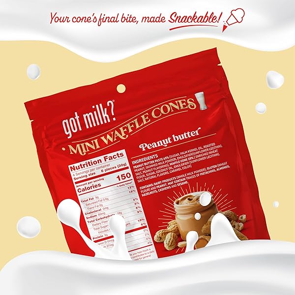 GOT MILK? MINI WAFFLE CONES, PEANUT BUTTER, 4.24 OZ. / 119G RESEALABLE BAG, DELICIOUS PEANUT BUTTER FILLED WAFFLE CONE BITES, MINI ICE CREAM CONES FOR DESSERT OR SNACK, RETAIL PACK