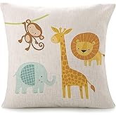 Throw Pillow Covers For Couch Cute Jungle Animal Bed Or Sofa Pillows Case Funny Elephant Lion Giraffe Monkey Kids Baby Jungle Children Tree Colorful Funny Decorative Square Linen Cushion Cover 18"X18"