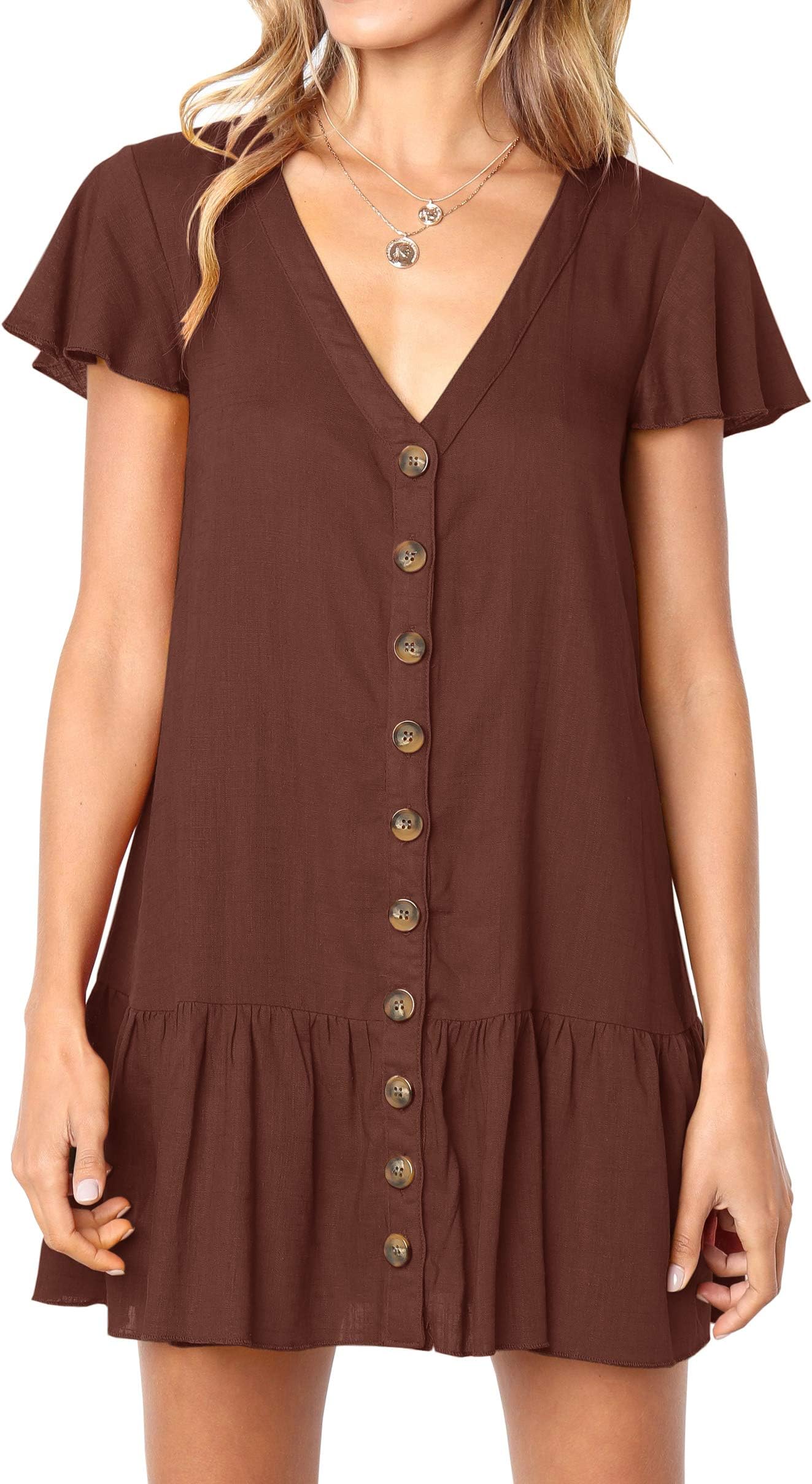 Imysty Womens Polka Dot V Neck Button Down Ruffles Loose Mini Short T-Shirt Dress