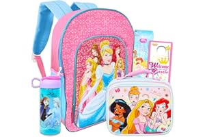 Disney Princess Backpack and Lunch Box Set for Girls - Bundle with Princess School Bag, Lunch Bag, Stickers, and Water Bottle for Kids (Princess School Supplies)
