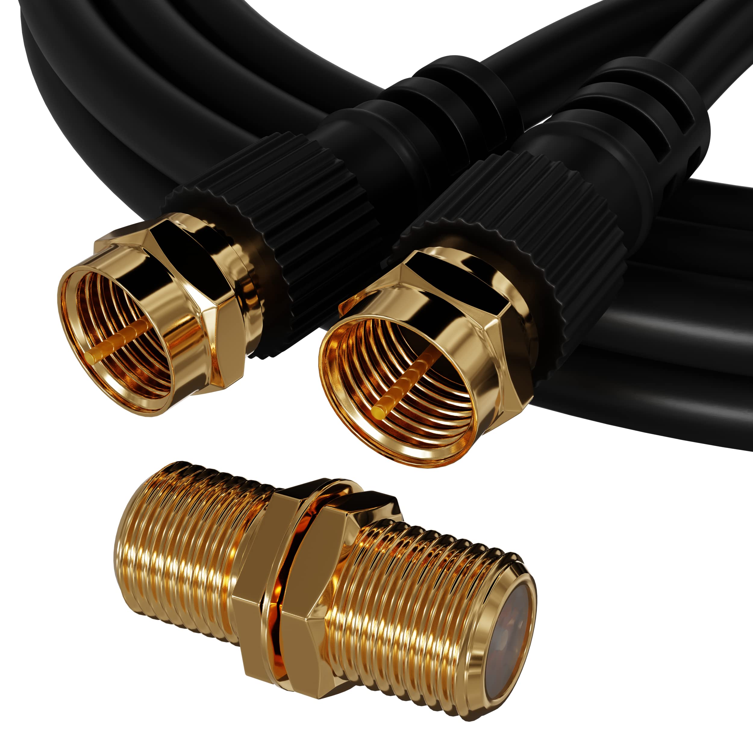 ConnectingU® 10m Black Satellite Coaxial Cable Kit (Virgin Media & Sky Compatible) - Male to Male Cable with F-Type Connectors Bundled with an F-Type Female to Female Coupler.