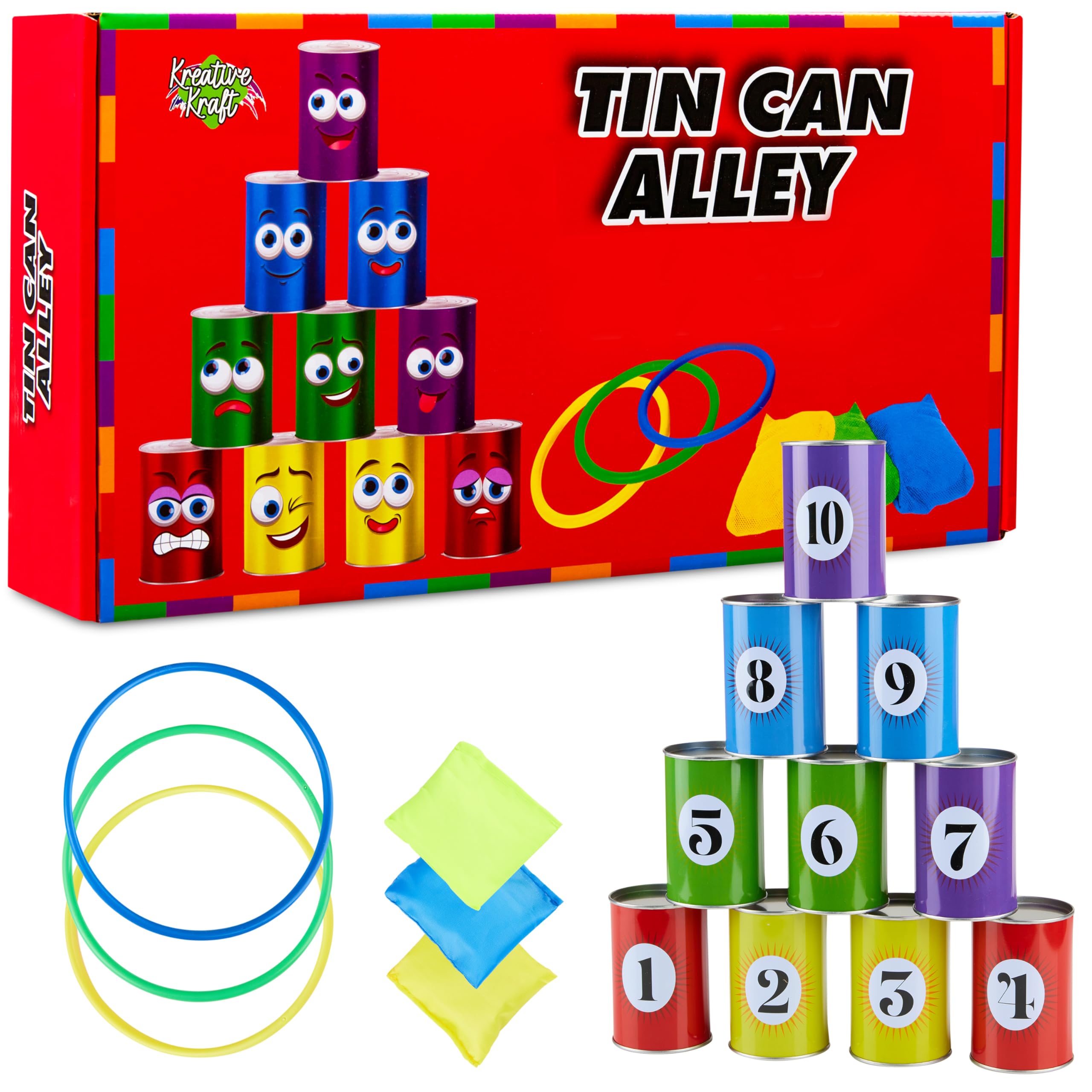 KreativeKraft Kids Games Outdoor Play Equipment for Kids Adults Family Garden Toys Sports Day Kit Egg and Spoon Race Ring Toss Sack Race Bean Bag Snakes and Ladders (Tin Can Alley)