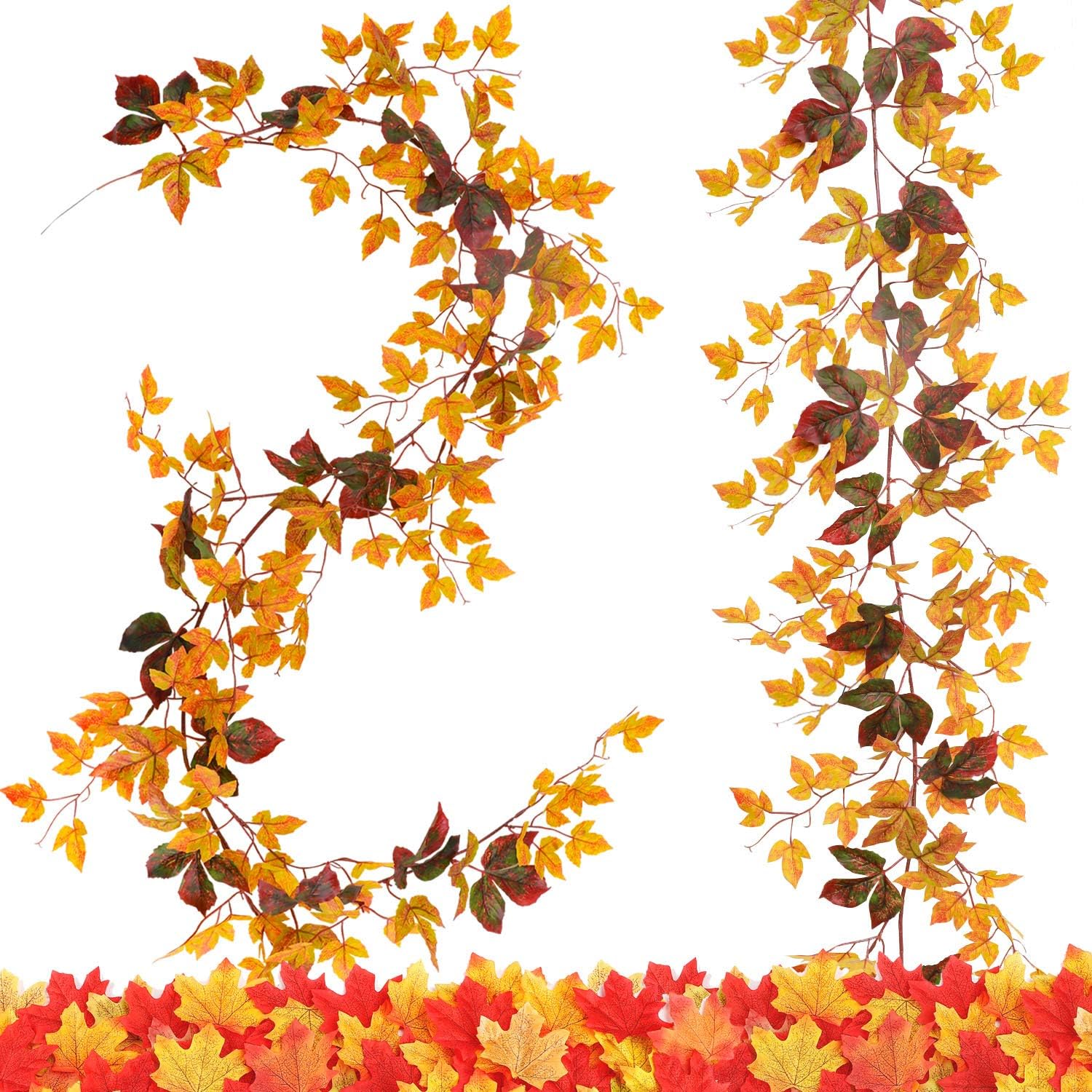 FUNARTY 2 Pack Fall Garland with 200 Maple Leaves, Autumn Leaf Garland for Home Garden Doorway Fireplace Indoor Outdoor Halloween Thanksgiving Décor