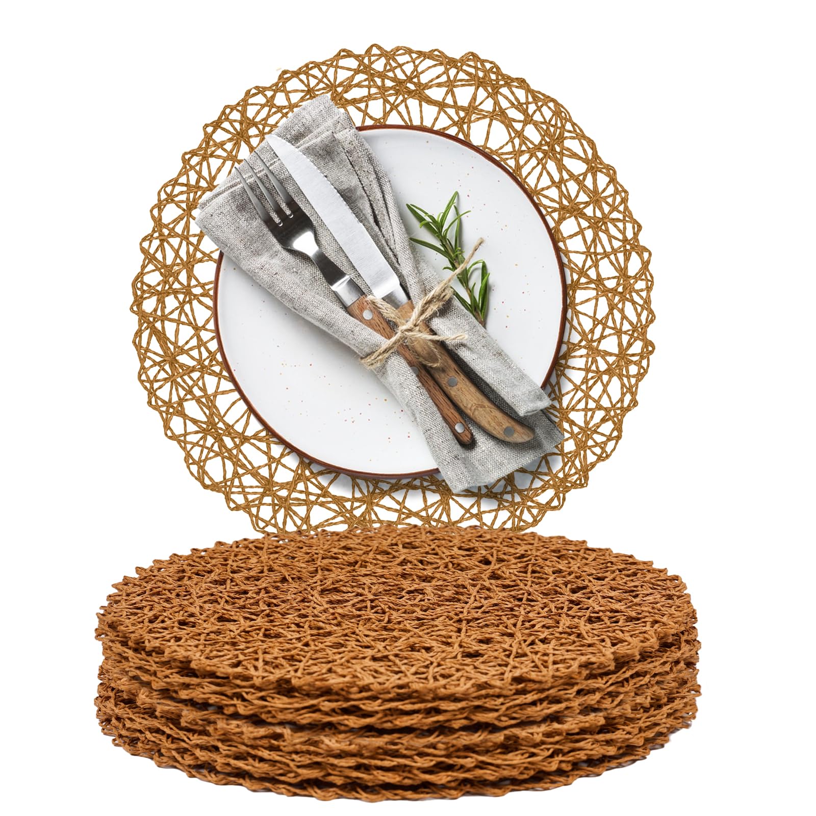 Photo 1 of AHHFSMEI Paper Braided Round Placemats Set of 12 Natural Non-Slip Heat Resistant Table Mats for Dining Tables Woven Indoor & Outdoor Place mats(Brown,12)
